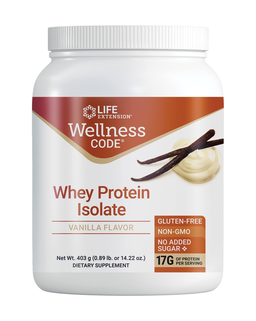 Ampliación de vida Wellness Code® Whey Protein Isolate (Vanilla), Proteína y Aminoácidos de cadena ramificada para el crecimiento muscular &amp; Immune Health, no Sugar Añadido, Gluten Free, Non-GMO, 403 Grams (20 Servings)