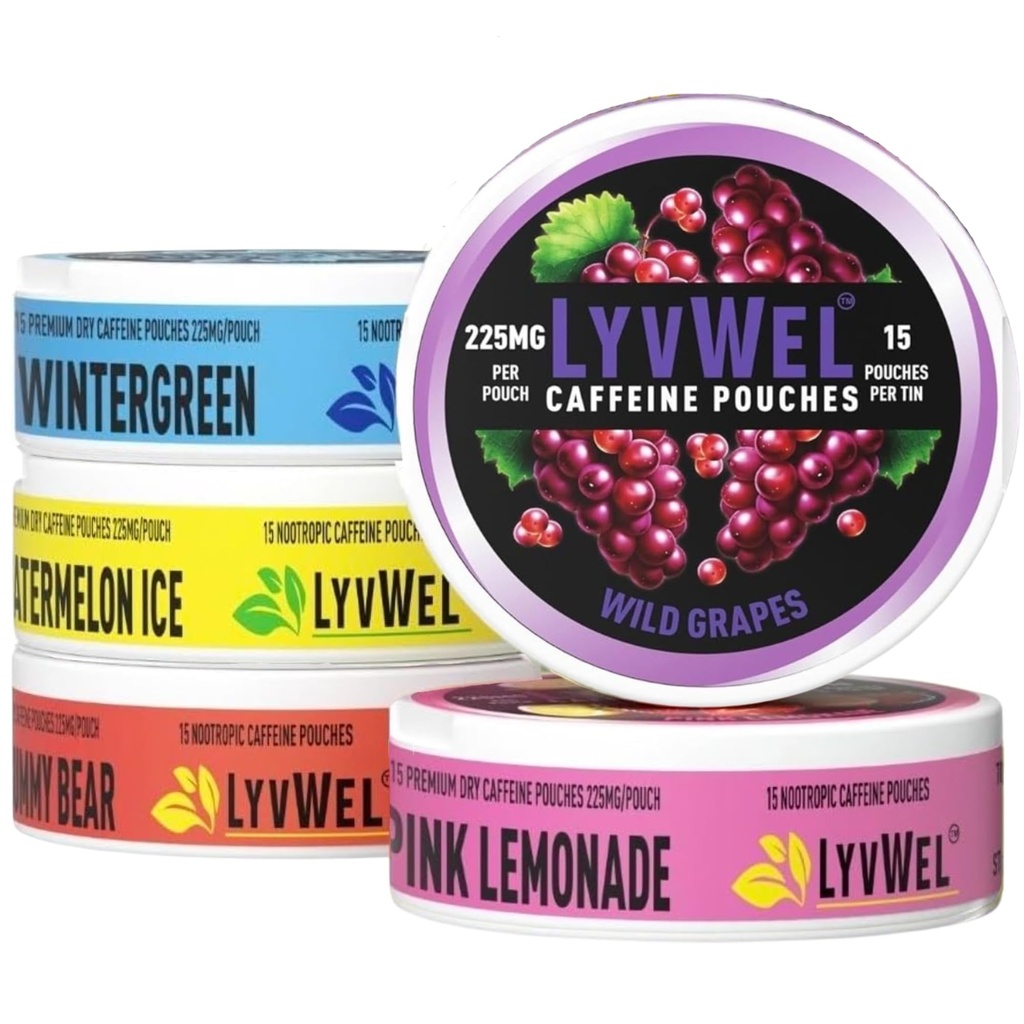 LyvWel 225mg Caffeine Energy Pouches ← Nootropic Focus &amp; Neuro Support ← Tobacco-Free, Nicotine-Free, Quick Energy Solution ← 5-Pack: 60 Pouches (5 Pack, Multi-Pack)