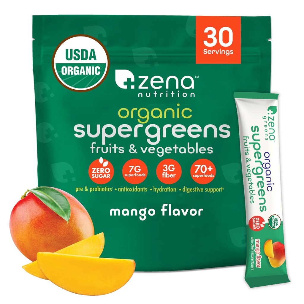 Zena Nutrition Organic Super Greens Powder, 70+ Superfoods, 0 Sugar, 3G Fiber, Spirulina, Clorella, Mushrooms, Prebióticos/Probióticos, Enzymes Digestivos para Gut Health, Mango, 30 Bebidas Mix Packets