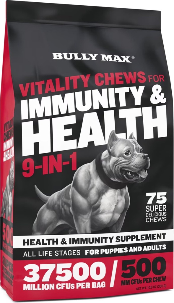 Bully Max Dog Chews & Multivitamin Treats for Puppy &amp; Adult Dogs - 75 Soft Chews, Dog Supplements & Vitamins for All Breeds - Skin, Coat, Brain, Heart, Digestive Health, Immunity, Joint Support