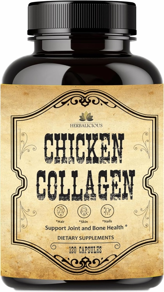Capsulas de colágeno HERBALICIOUS – Suplemento de colágeno para soporte conjunto, piel y hueso – Péptidos de colágeno hidrolizado de bono de pollo Broth – no GMO, anti- envejecimiento – 120 cápsulas