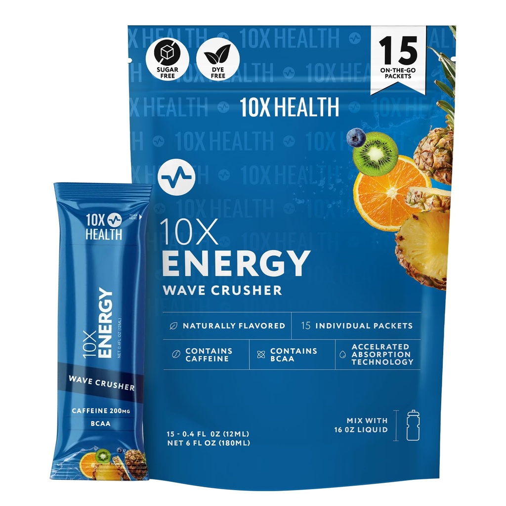 10X Health - Energy Wave Crusher - Energy Drink with 200mg Caffeine, BCAAs, B Vitamins, Acelerated Absorption - Tropical Punch Pre-Workout Drink - 15 Drink Mix Packets (Wave Crusher - Energy)