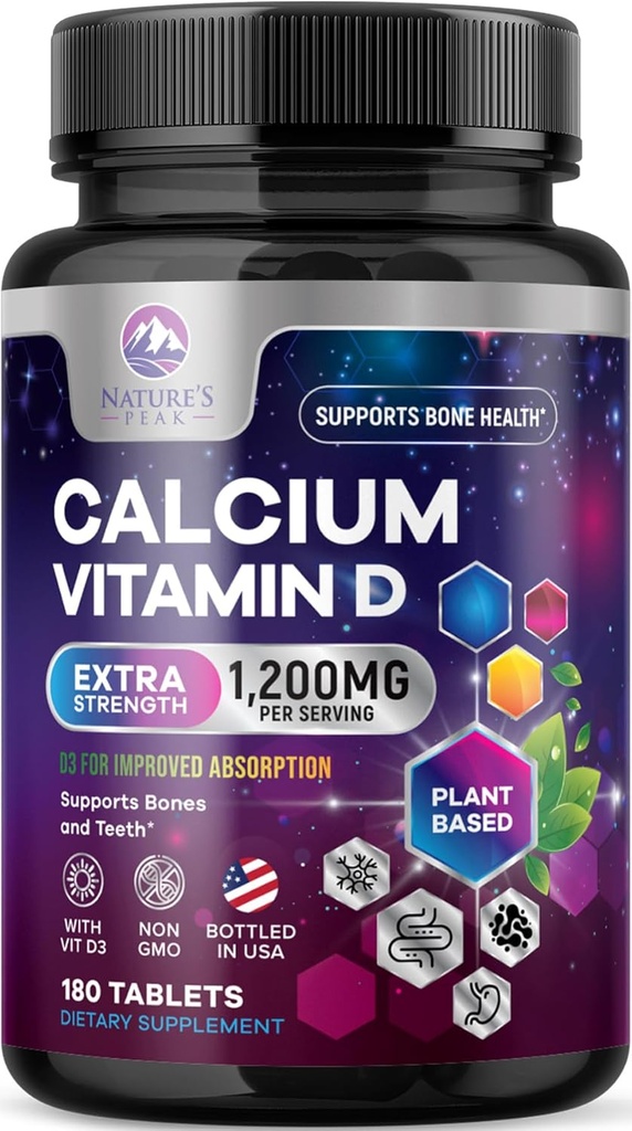 Calcio 1200 mg con Vitamina D3, Suplemento de Calcio Vitaminas, Hueso, Dientes &amp; Apoyo Sanitario Inmunitario, Suplementos de Calcio con D para Hombres, Carbonato de Calcio Absorbable de la Naturaleza - 180 Tabletas