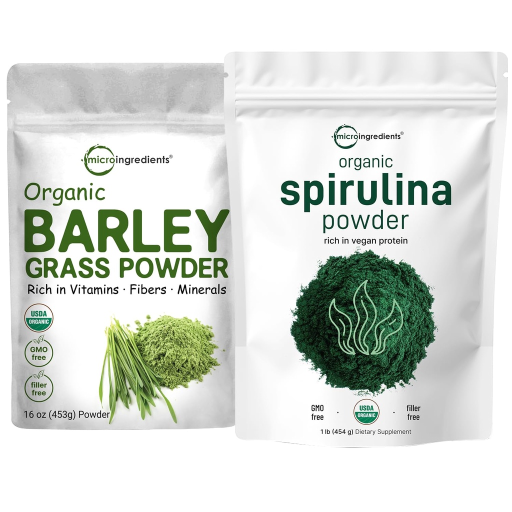 Micro Ingredientes Espirulina Orgánica Polvo 1lb & Orgánica Barley Grass Powder 16oz Bundle 2 Pack ← Superalimentos crudos ¦ Rich in Vegan Protein, Fibers, Minerals, & Vitaminas