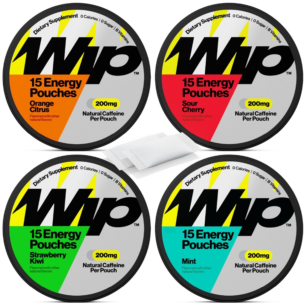Wip Energy Pouches ← 200mg Natural Caffeine ← Vitaminas y Minerales Silencio 4 Pack surtido: Sour Cherry, Mint, Orange Citrus, Strawberry Kiwi