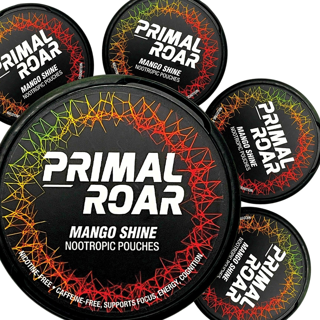 Primal Roar Mango Shine - Foco Profundo sin Estimulantes Nootropics Pouches  Lion's Mane + Cognizin Citicoline + Huperzine A ← Nicotine y Caffeine-Free tención 20 Pouches Per Can (100 Total in 5-Pack)