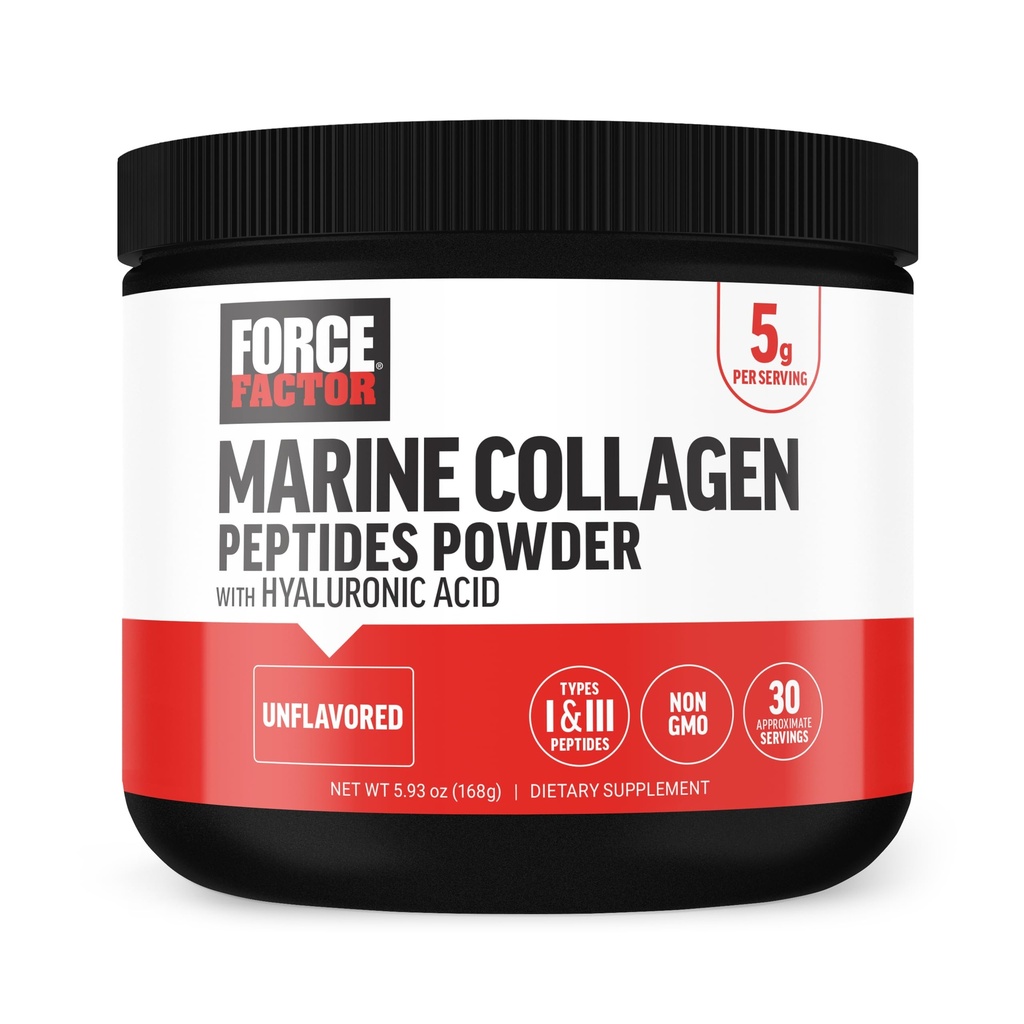 Pólvora de Collagen Marina FACTOR para Mujeres y Hombres, Péptidos de Collagen Marino Tipo I " III con ácido hialurónico para apoyar el cabello sano, la piel, las uñas, los huesos y las articulaciones, desarmados, 30 servidos