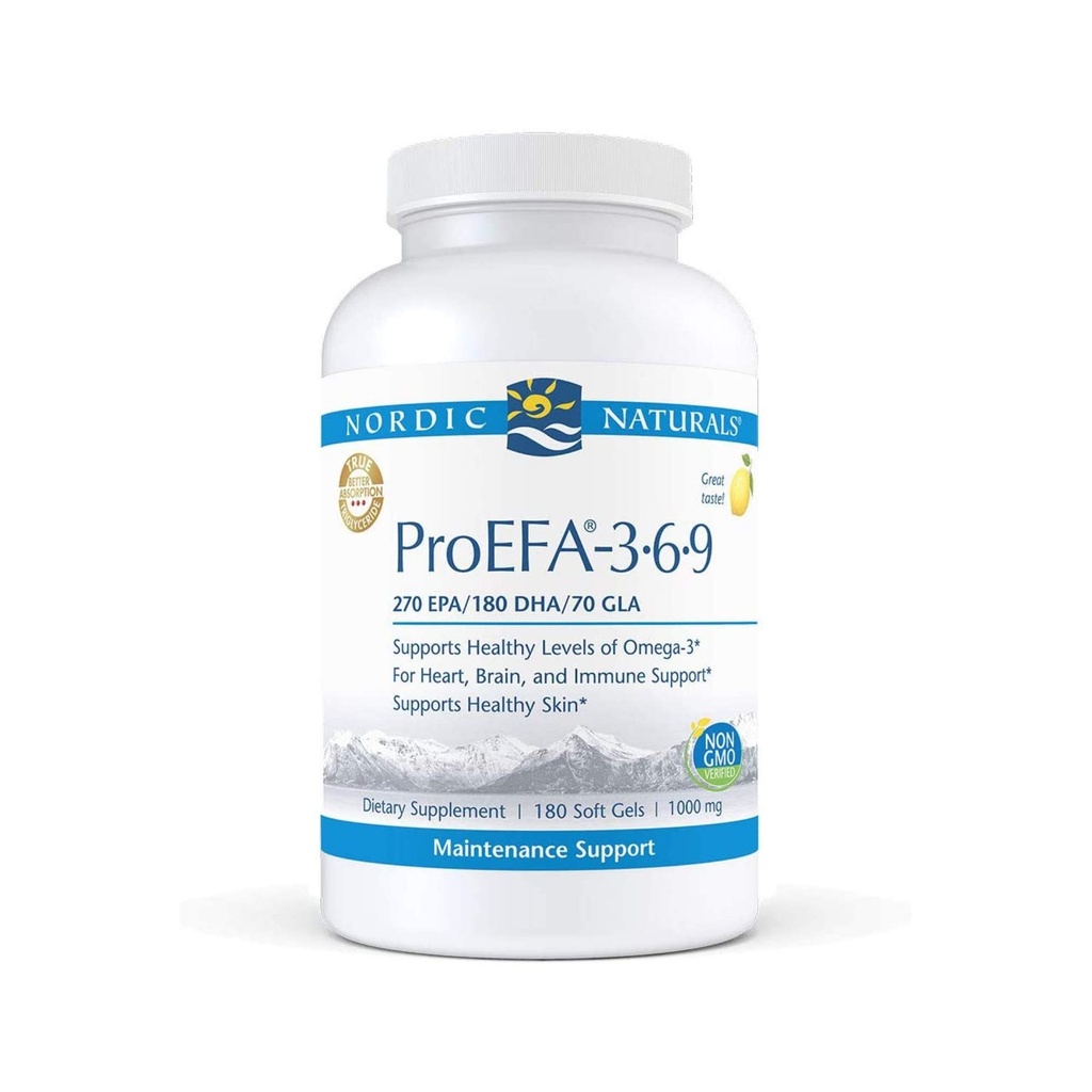 Naturales nórdicos ProEFA 3-6-9, Sabor de limón - 180 Gels blandos - 565 mg Omega-3 - EPA &amp; DHA con GLA añadido - Esquí sano, Cognición, " Mood positivo - No GMO - 90 Servimientos