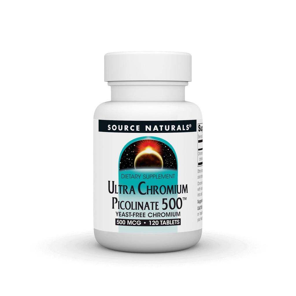 Fuente Naturales Picolinato Ultra Chromium 500 sin levadura Cromo, Suplemento dietético vegetariano, 500 mcg - 120 Tabletas