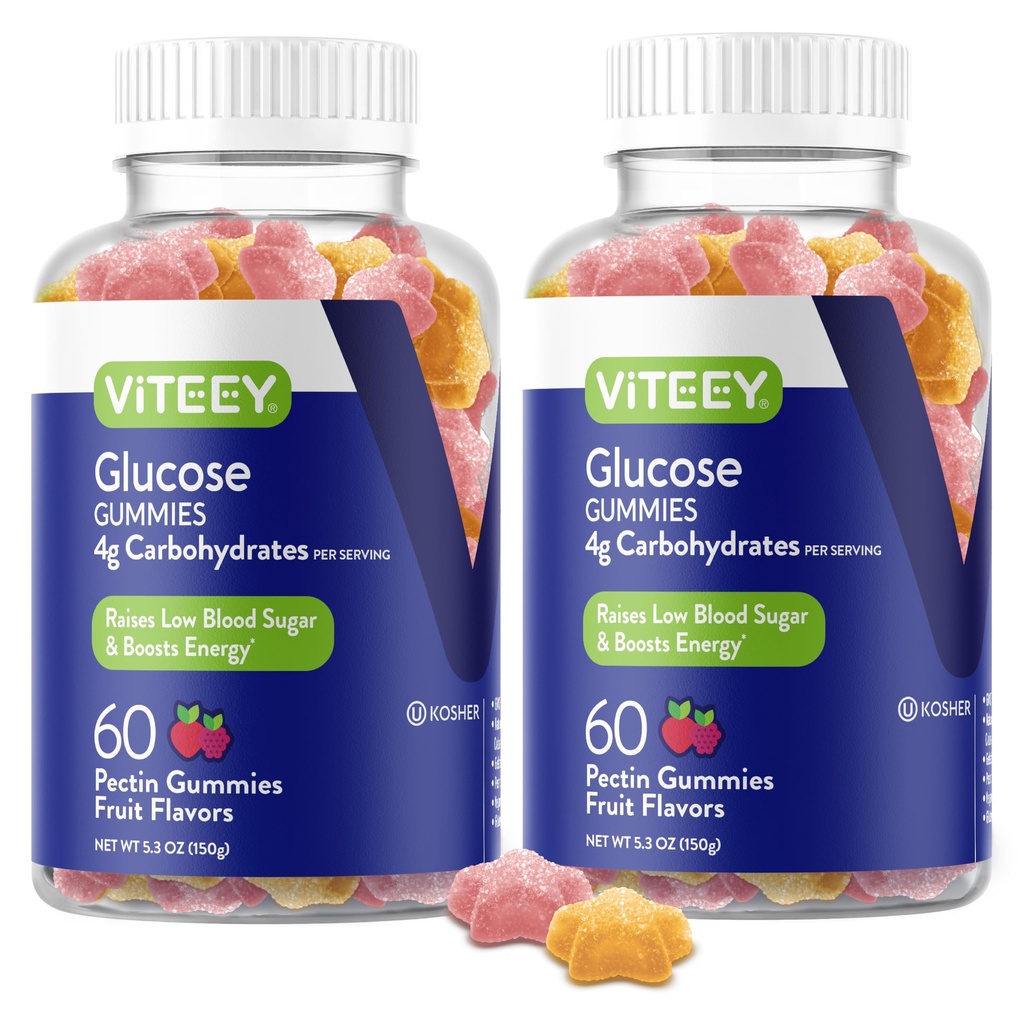 Viteey Glucose Gummies - 4g de Carbohidratos - Fast Acting Alternative to Glucose Tablets - Energy and Blood Sugar Support - Vegan, Gluten Free, Gelatin Free - 120 Count