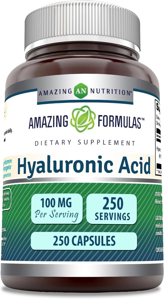 Fórmulas asombrosas Ácido hialurónico 100mg 250 cápsulas Suplemento No TENIDO Gluten Libre Silencio Made in USA