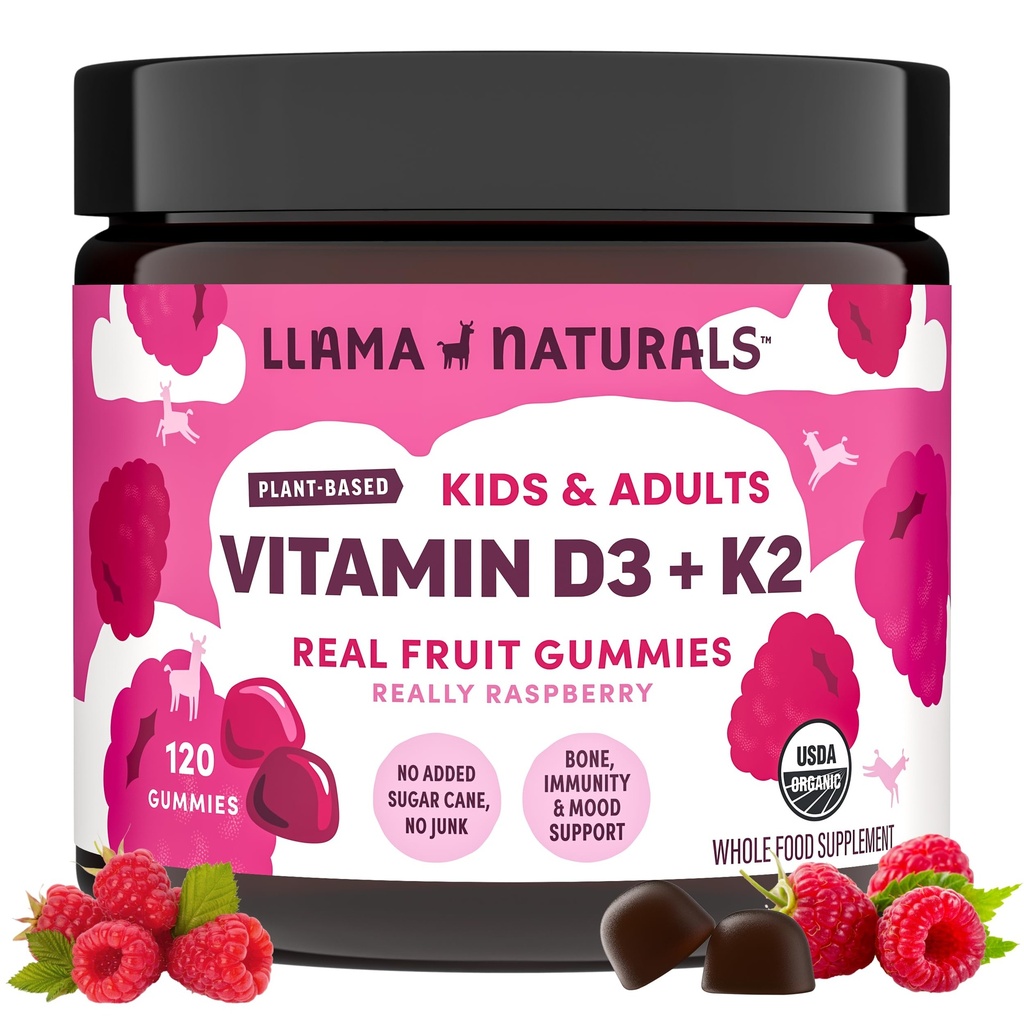 Llama Naturals Vitamina D3, Vegan, Suplemento de Apoyo a la Inmunidad Orgánica, Gummies de Vitamina D para Adultos y Niños, Vitaminas Gummy de Frutas Reales, Promueve la Salud de los Huesos, No Añadido Cana de Azúcar, Raspberry, 120 Ct