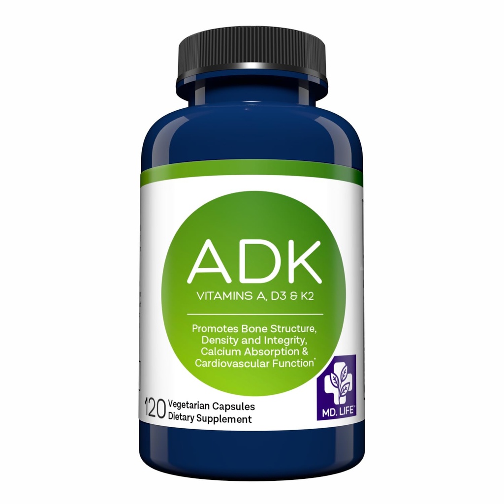 MD.LIFE ADK Suplemento de vitamina – Vitamina D3 K2 y Complejo – 120 cápsulas – Vitamina de alta potencia ADK para el soporte de salud ósea y cardíaca