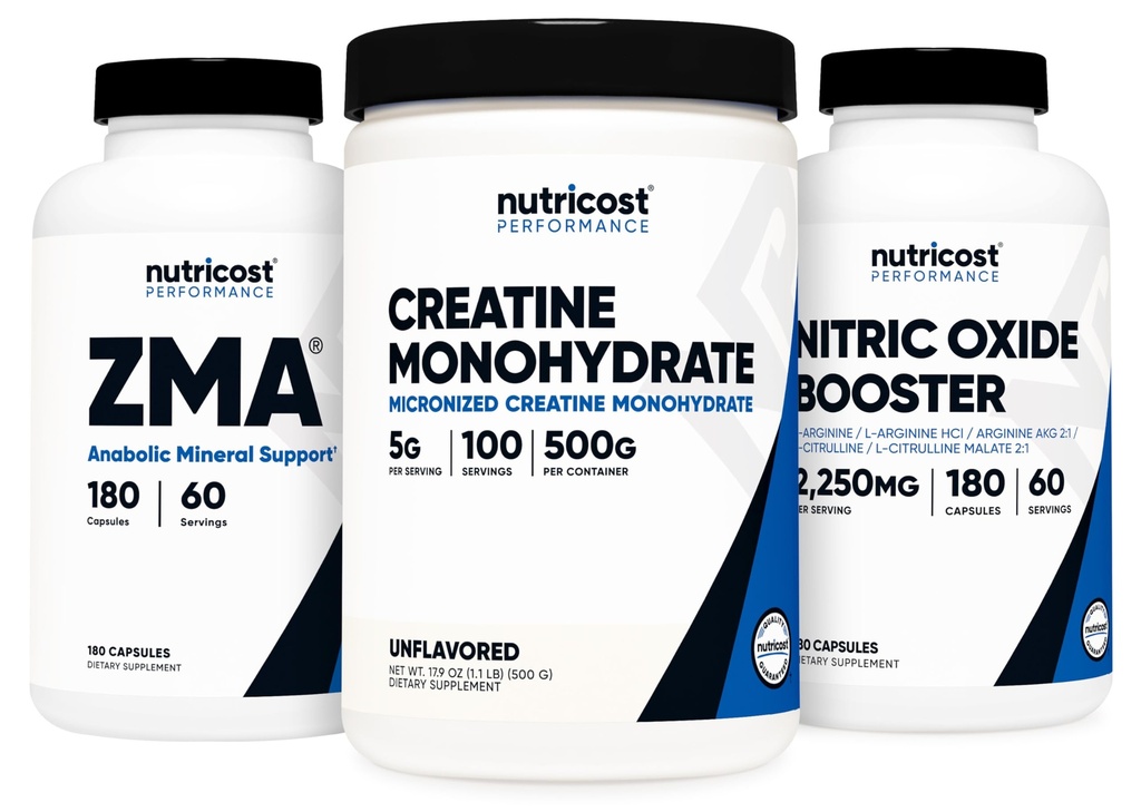Nutricost Creatine 500 Grams, Nitric Oxide 180 Capsules, y ZMA 180 Capsules Bundle