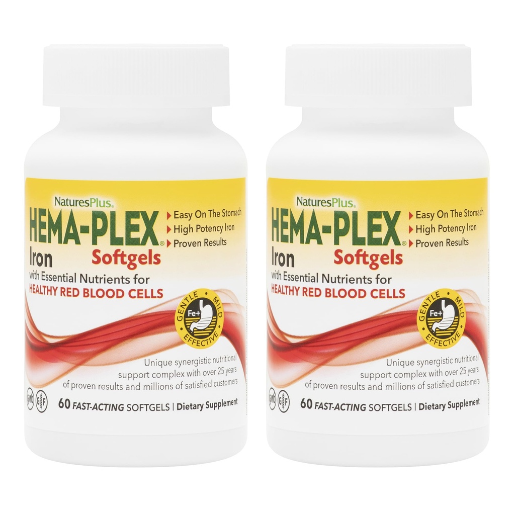 NaturesPlus Hema-Plex Iron - 60 Fast-Acting Softgels - 2 Pack - 85 mg Iron + Vitamina C & Bioflavonoids for Healthy Red Blood Cells - Vegan, Gluten Free - 40 Total Servings