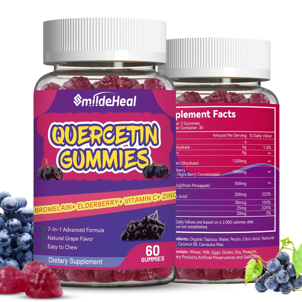 2 Pack Quercetin Gummies 1200MG, Quercetin Gummies with Bromelain, Zinc Vitamin C, Immune System Vegan Gummy for Adult &amp; Kid, 120 Vegan