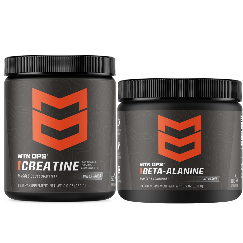 MTN OPS Creatine Monohydrate & Beta Alanine Performance Stack – Strength, Power &amp; Muscular Endurance Support – Pre Workout & Training Recovery Bundle