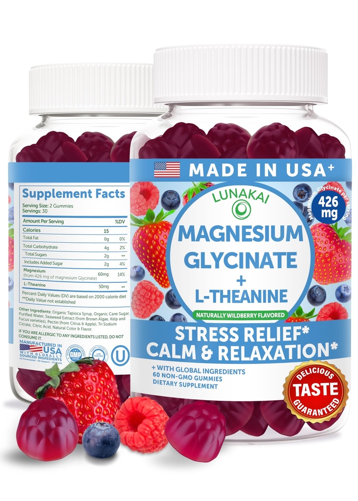 Lunakai USA hizo magnesio Glycinate Gummies 426mg con L-Theanine – Calm, Sleep, Stress Relief for Adults &amp; Kids, Non-GMO, Vegan, 60ct