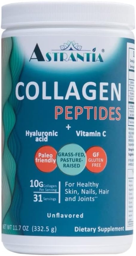 ASTRANTIA Collagen Peptides Polvo, Colágeno sin sabor con ácido hialurónico y vitamina C para uñas saludables, piel, cabello y articulaciones latitud Paleo Friendly ← Gluten Free ← No aguanta GMO ←11.7 OZ