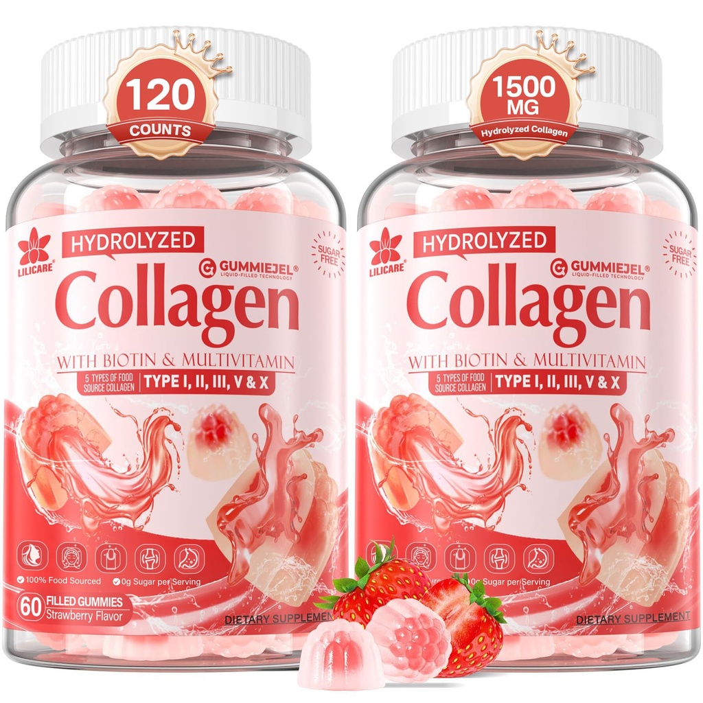 2Pack Collagen Peptide sin azúcar Mangas llenas para hombres y mujeres, con 1500mg Tipo de proteína I,II,III,V,X, 5000mcg Biotina Vitamina C A E D3 B6 B12 para uñas de pelo de inmune, bonificación