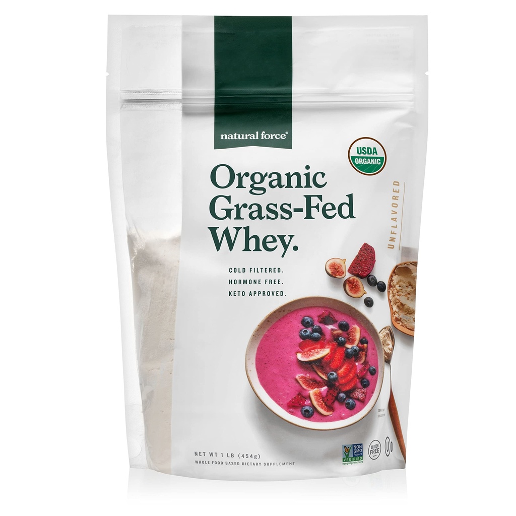 Natural Force Grass Fed Organic Whey Protein Powder - Non GMO, Keto Friendly, Low Carb, Kosher - Lab Tested for Toxins - Pure ' Unflavored - 16 oz.