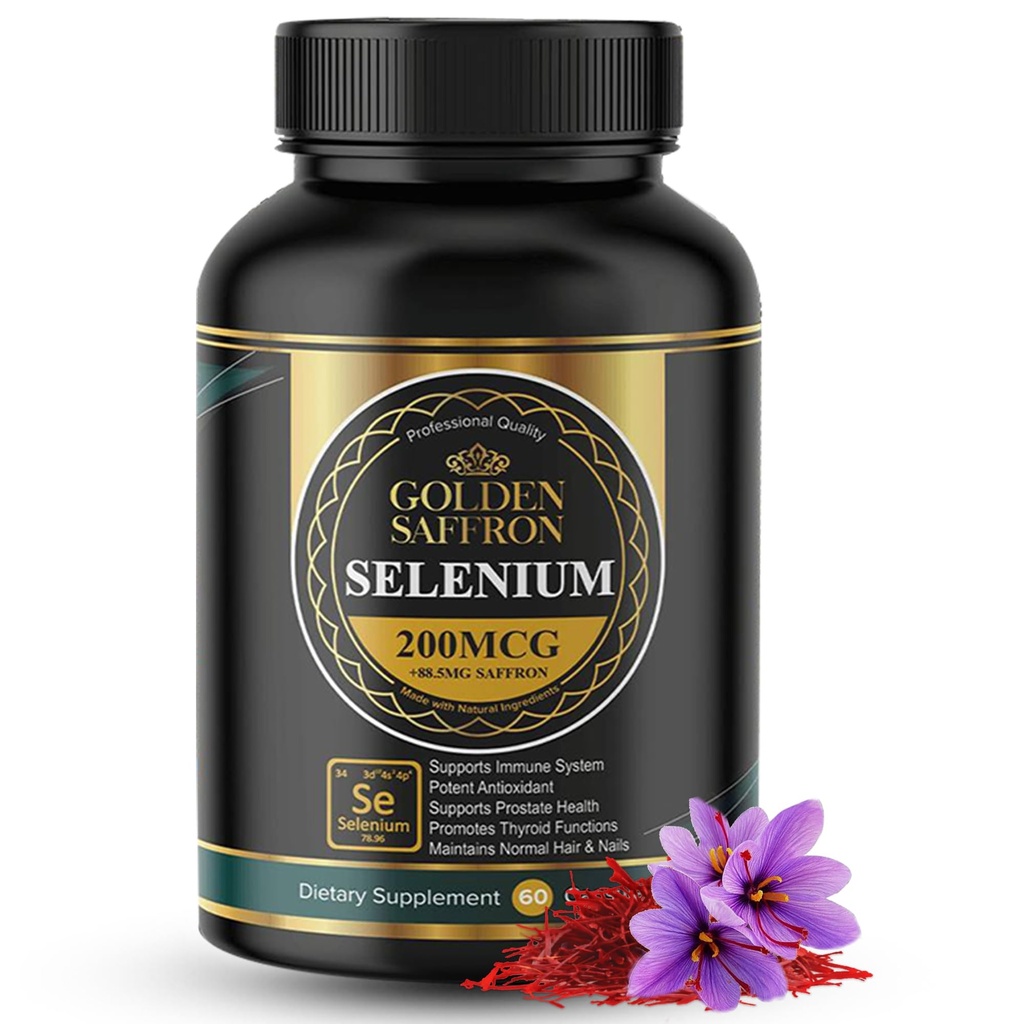 Golden Saffron Selenium (200mcg Selenium & 88.5 mg Saffron Extract) - para apoyar la salud general, no GMO, Gluten Free, Dairy Free, con Fórmula Única y Avanzada – Hecho en EE.UU. sin gusto.