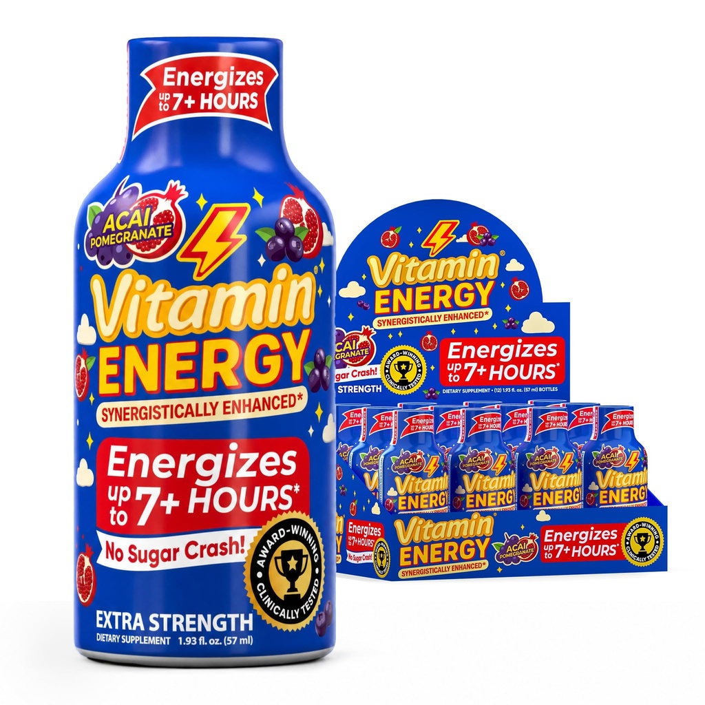 Vitamin Energy B12 11,000% Extra Strength Energy Shot Açaí Pomegranate 12 Pack, 260mg Natural Caffeine, B12 &amp; B6, Nootropic Focus, Vitality, Zero Sugar, Gluten-Free, Vegan, Kosher, 1.93 fl oz