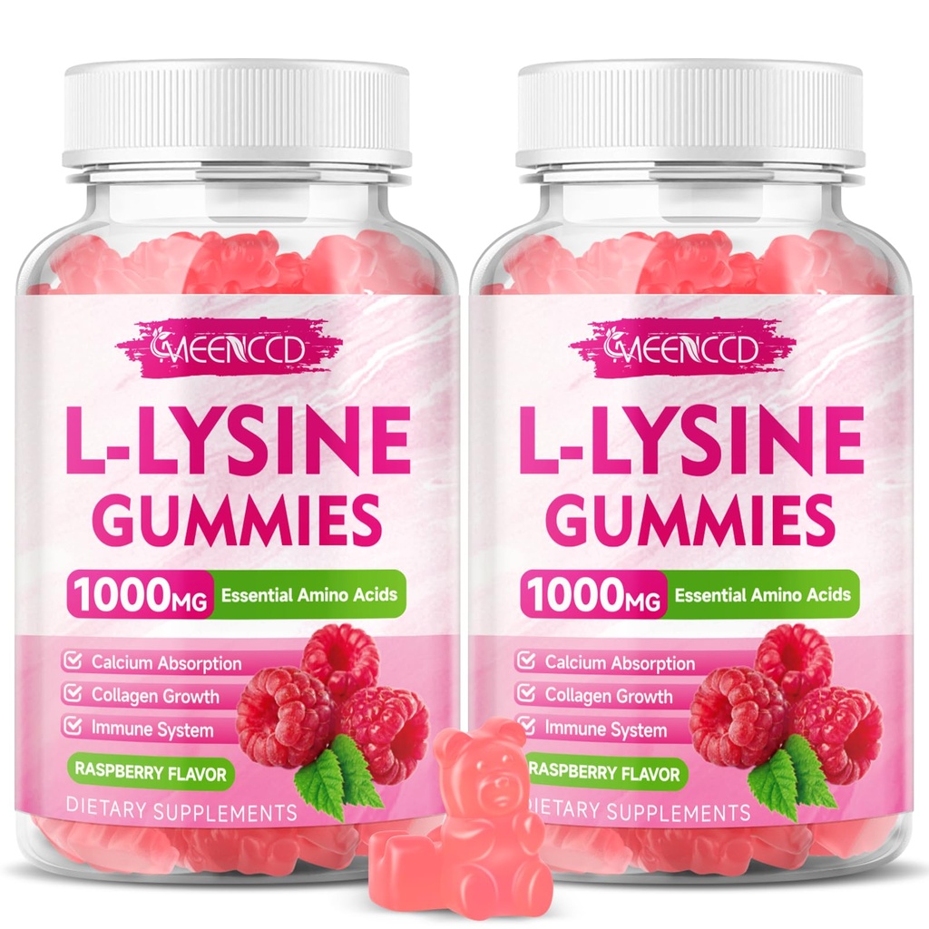 2 Pack L-Lysine 1000mg Gummies, Lysine Supplement for Adults &amp; Kids, Essential Amino Acid for Lips & Oral Health, Boost Immune & Collagen & Calcium, Sugar-Free, Raspberry Flavor, 120 Cuenta