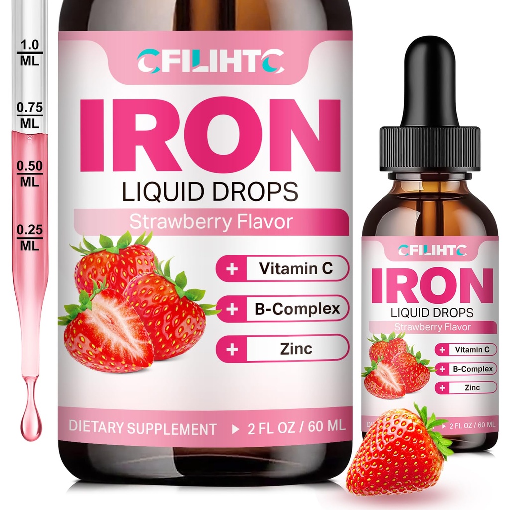 Suplemento de Hierro Líquido para Mujer Hombres &amp; Niños gotas de hierro multivitamina con folato, vitamina C, B6, B12, zinc para la anemia, deficiencia de hierro, constructor de sangre, energía - sabor a fresa natural, Vegan 2 Fl Oz