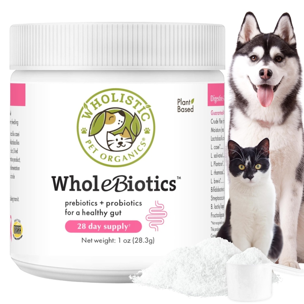 Wholistic Pet Organics WholeBiotics - Daily Dog Probiotics for Digestive Health Support & Immune Boost - 9 Strains - Prebiotics &amp; Probiotics for Dogs & Cats - Gut Health for Dogs - 1 Oz - 28 Scoops
