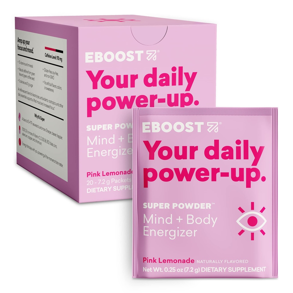 Bebida de energía EBOOST " Polvo de electrolito, 20 Packets - Limonada rosa superpolvo sin azúcar añadido - Blend esencial de vitaminas, nootrópica " Caffeine natural e hidratación - Pre " Post Workout