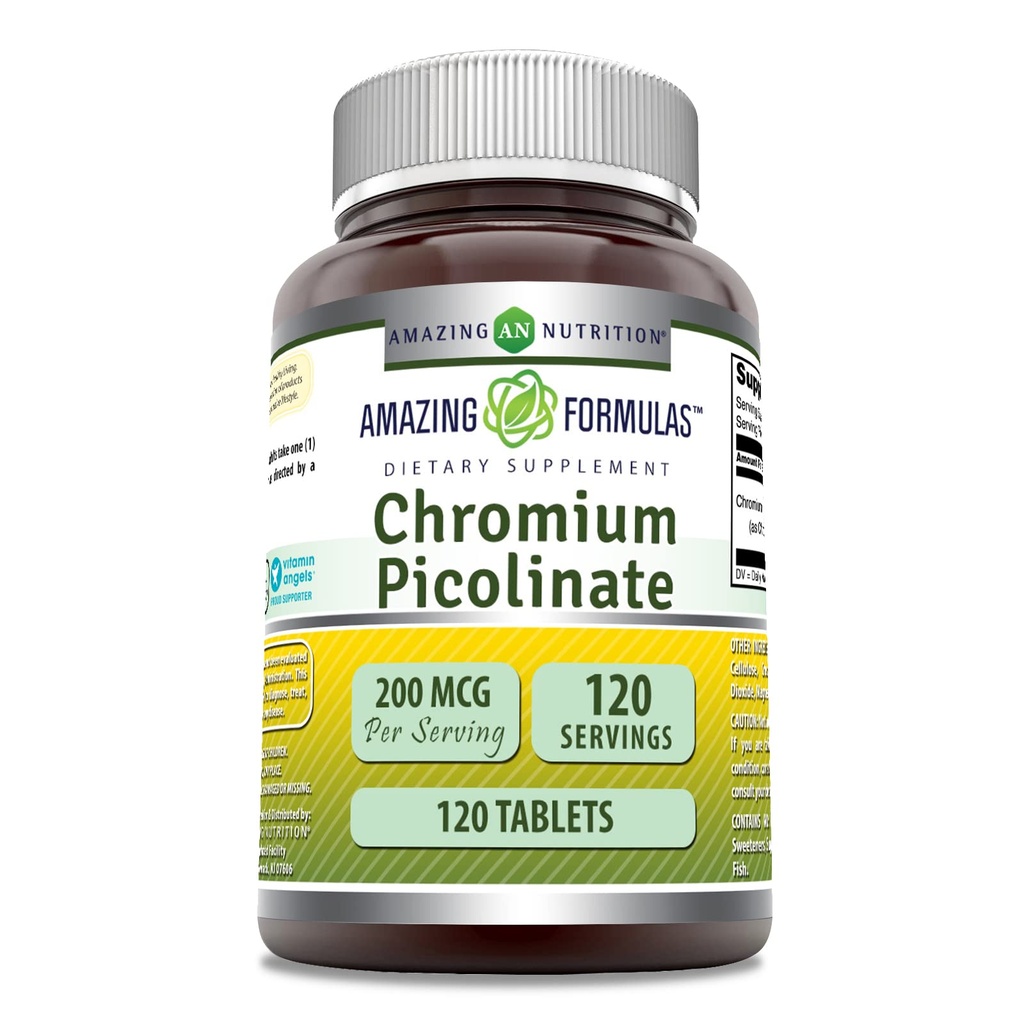 Fórmulas asombrosas Chromium Picolinate Suplemento TENIDO 200 Mcg Por Serving TENIDO Tablets Silencio No-GMO TENIDO Gluten Free TEN Made in USA (120 Conde)