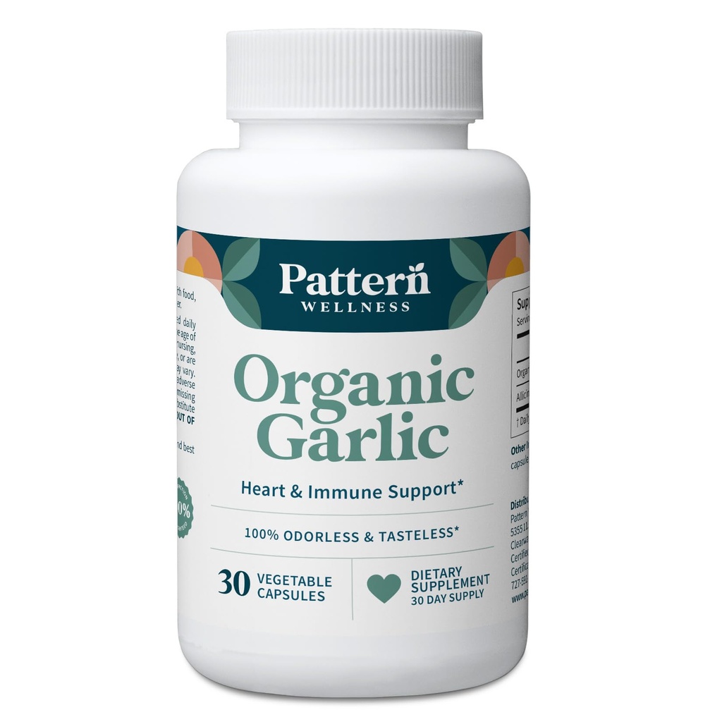 Pattern Wellness Odorless Ajo orgánico – 1000mg – Immune, Circulatory & Heart Health Support – Non-GMO & Gluten Free – 30 cápsulas Vegan