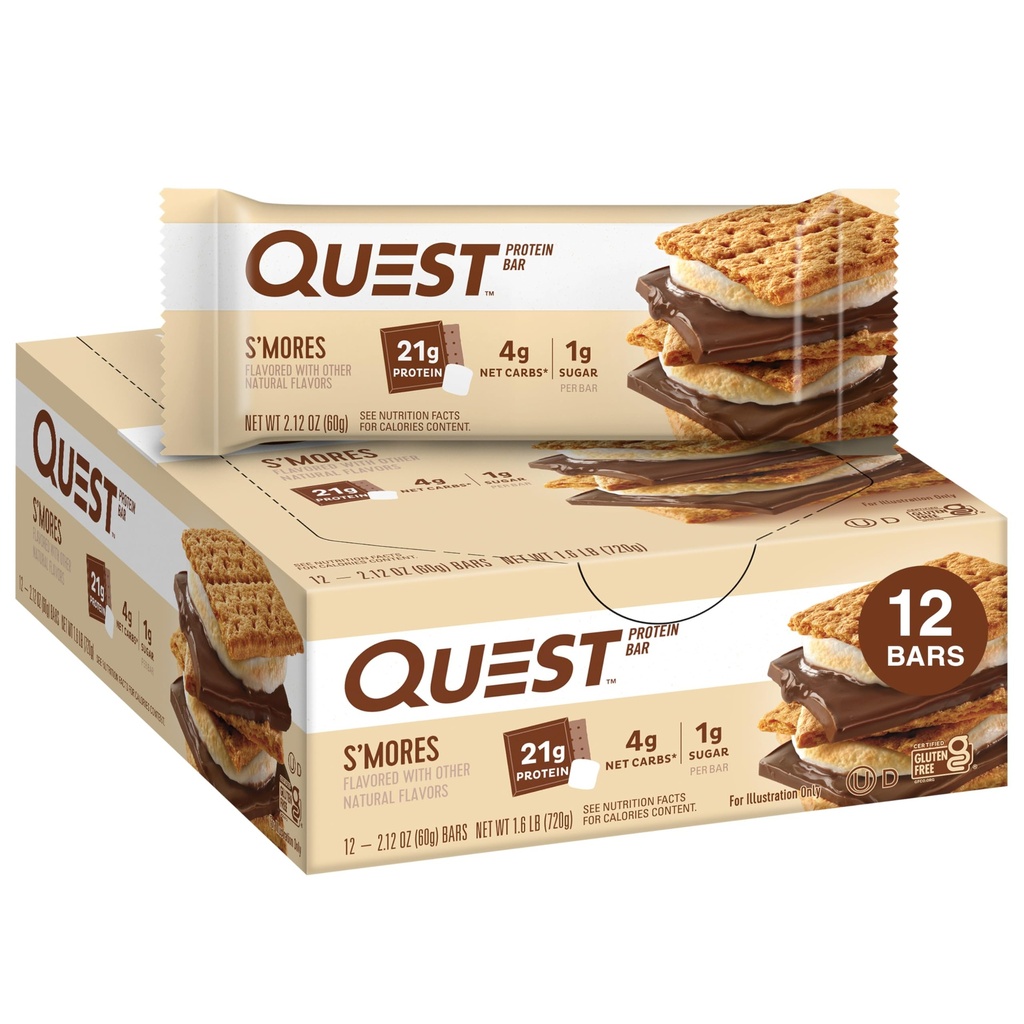 Quest Nutrition S'mores Protein Bares, 21g Protein, 1g Sugar, 4g Net Carb, Gluten Free, Keto Friendly, 12 Conde