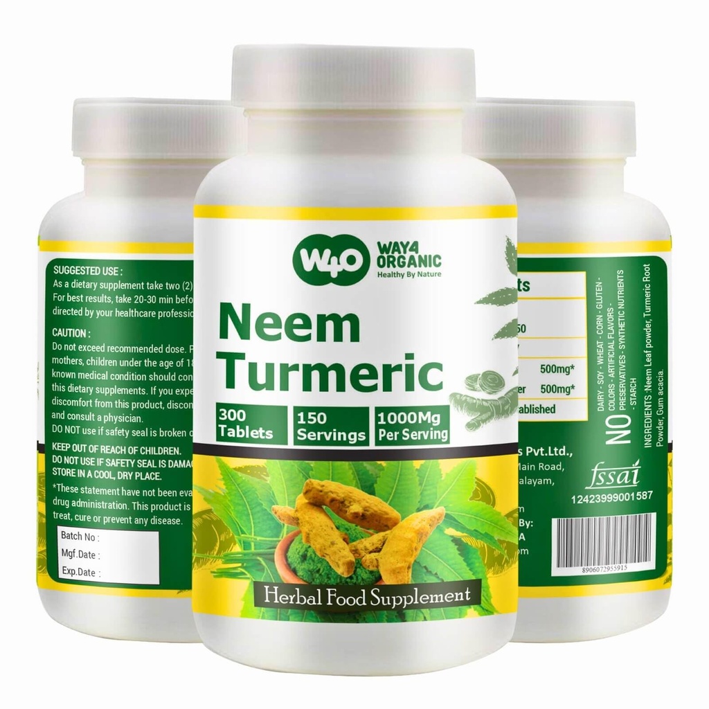 Neem Turmeric Capsules (Tablas) - High-Potency Azadirachta Indica Tablets, Neem Leaves and Turmeric in Equal Ratio - 300 Tablets, 150 Serving, 1000 Mg. Pack of 1.