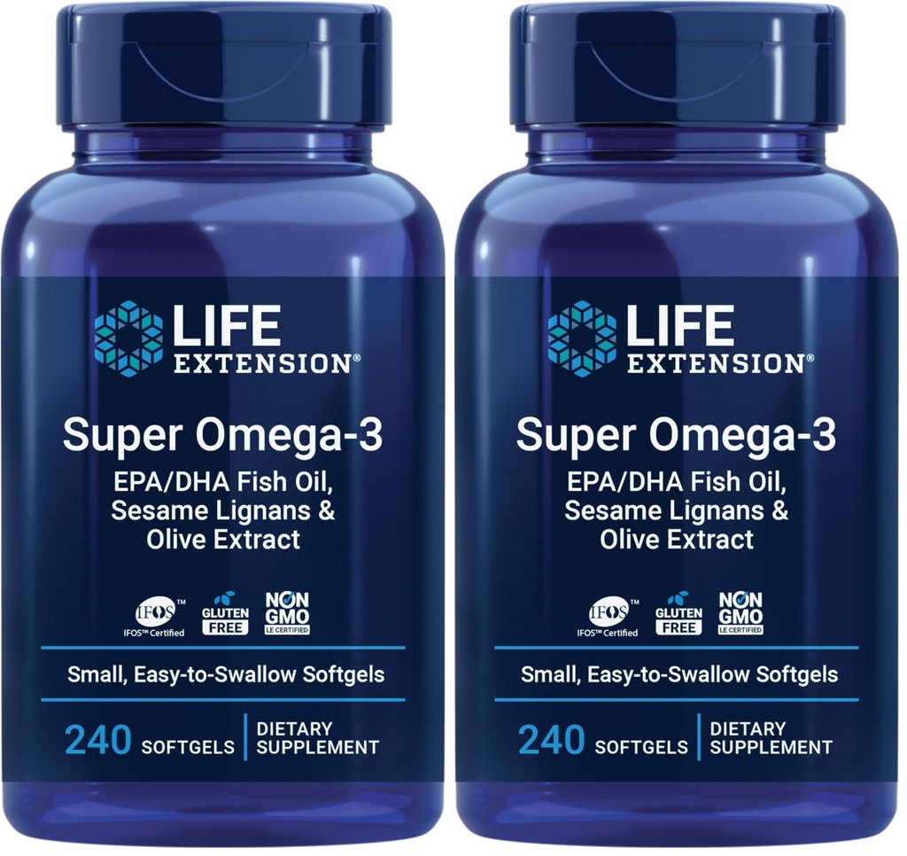 Extensión de vida Super Omega-3 EPA/DHA Fish Oil, Sesame Lignans &amp; Olive Extract – Heart, Brain, Inflammation Health Support, Gluten-Free, Easy to Swallow, Non-GMO, 240 Softgels (Pack of 2)