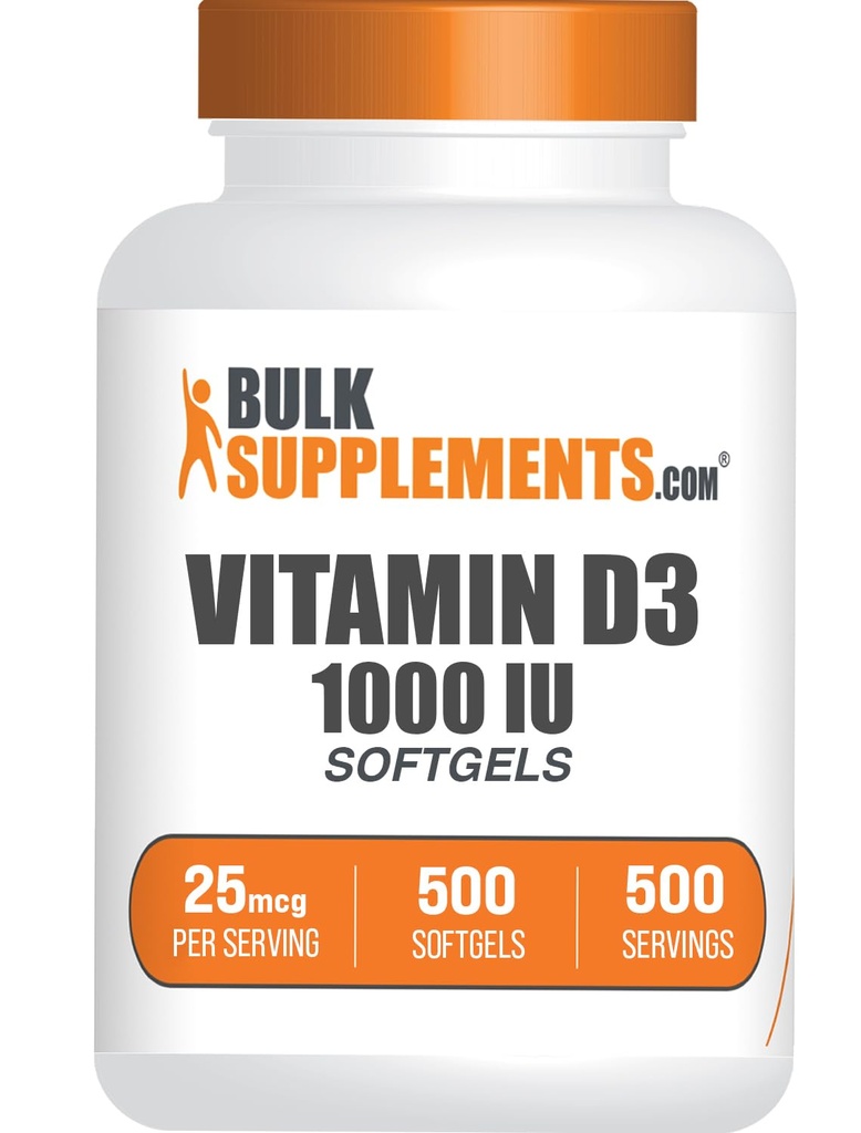 BulkSupplements.com Vitamina D3 1000IU Softgels - Cholecalciferol, D3 Suplemento, Vitamina D 1000 UI - 1 Vitamina D3 Softgel (25mcg de vitamina D) por Serving, 500 Conde (Pack of 1)