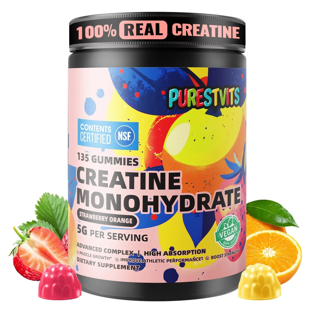 NSF Certified Creatine Gummy 5g - Creatine Monohydrate Gummies – Pre-Workout Energy &amp; Muscle Growth Support for Men &amp; Women ← Strawberry Orange Electrolyte Gummies (135 Conde)