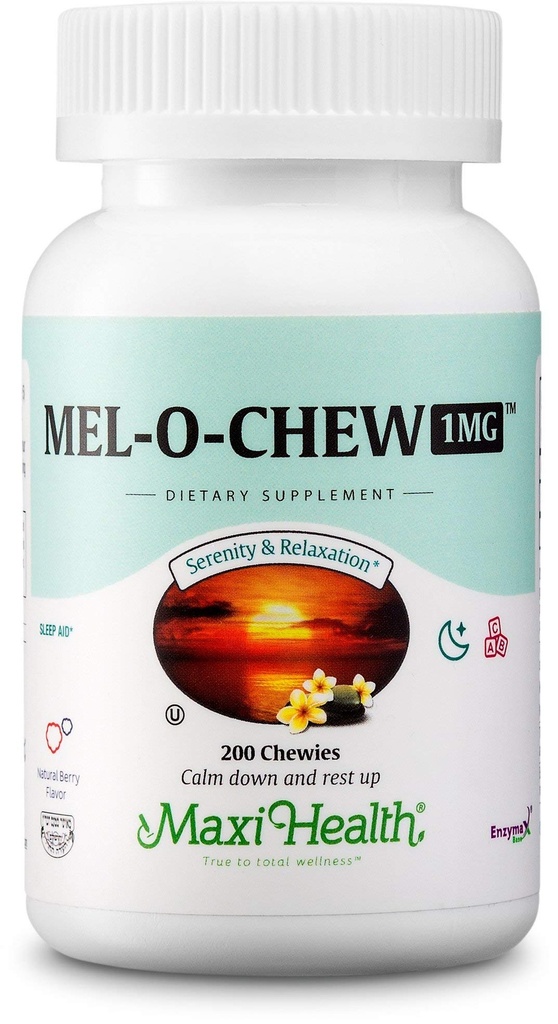 Maxi Health 1mg Melatonin Chewables – Adultos &amp; Kids Melatonin to encourage Natural Sleep – Non-Habit Forming Kosher Sleep Supplement with Enzymax for Fast-Acting Support (200 Units)