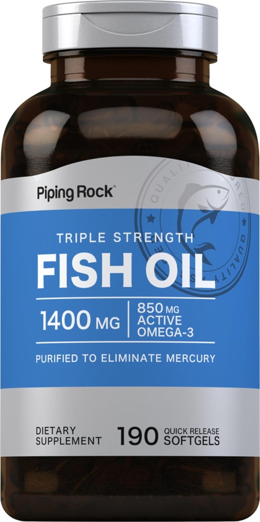 Piping Rock Fish Oil Omega 3 Suplemento Silencio 1400 mg Silencio 190 Softgels Silencio para Mujeres y Hombres Silencio Triple Fuerza Silencioso con EPA &amp; DHA ← No GMO &amp; Gluten Free
