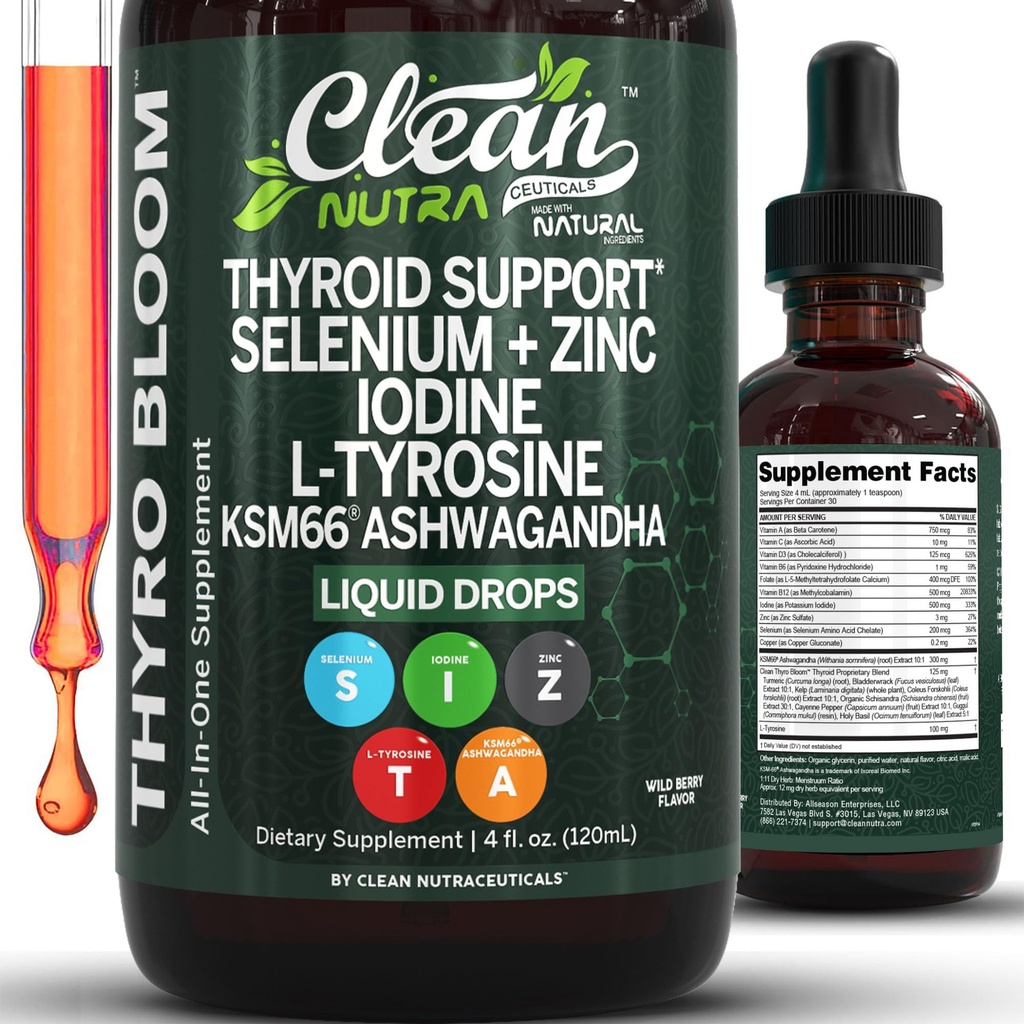 ThyroBloom Thyroid Support for Women Liquid Drops Iodine L-Tyrosine Selenium Copper Ashwagandha Zinc Kelp Bladderwrack Schisandra Guggul Turmeric Vitamina A D3 B12 Folate Suplemento por Clean Nutra 4oz