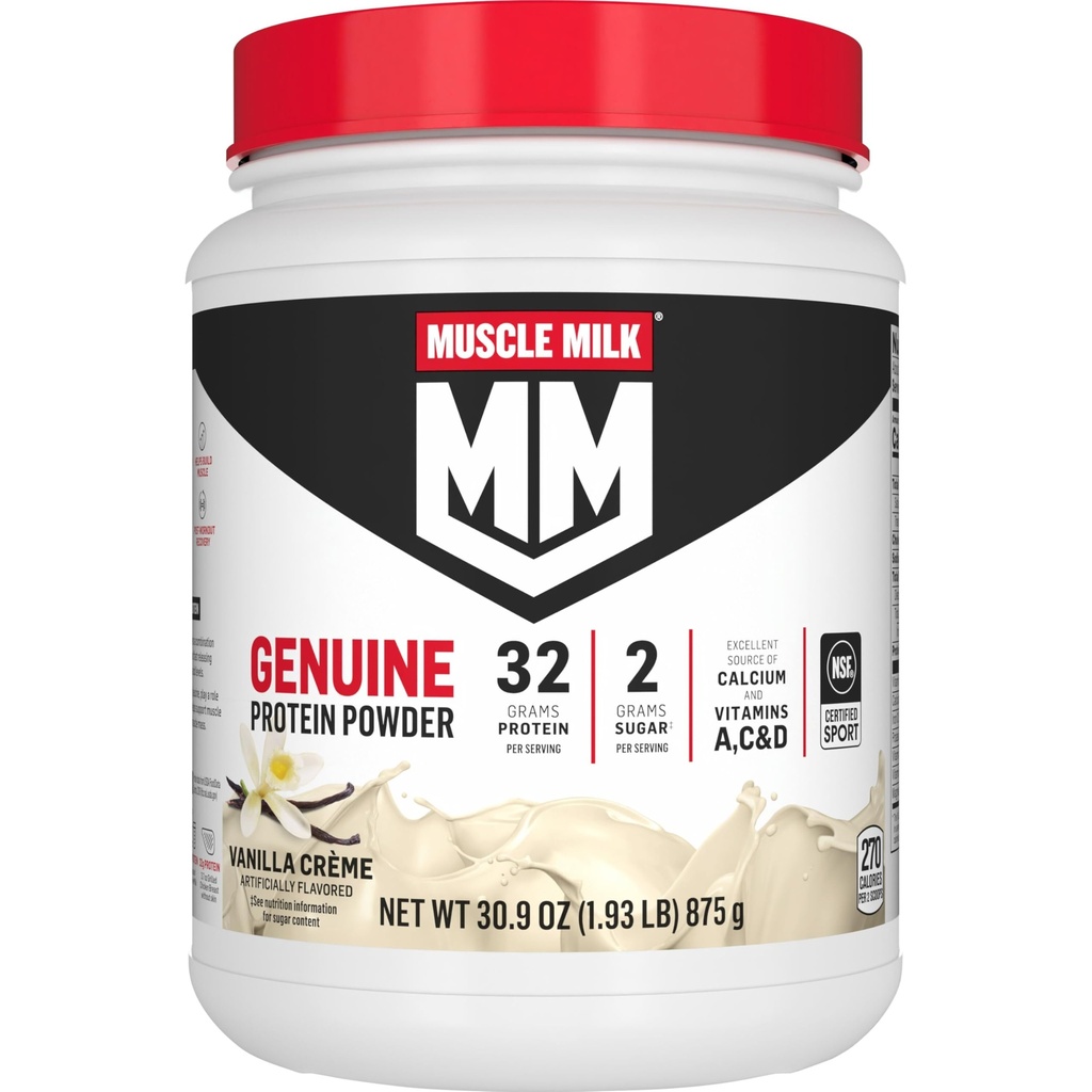 Muscle Milk Genuine Protein Powder, Vanilla Crème, 1,93 libras, 12 piezas, 32g Proteína, 2g Azúcar, Calcio, Vitaminas A, C & D, NSF certificada para Deporte, Energizante Snack, Embalaje Mayo Vary