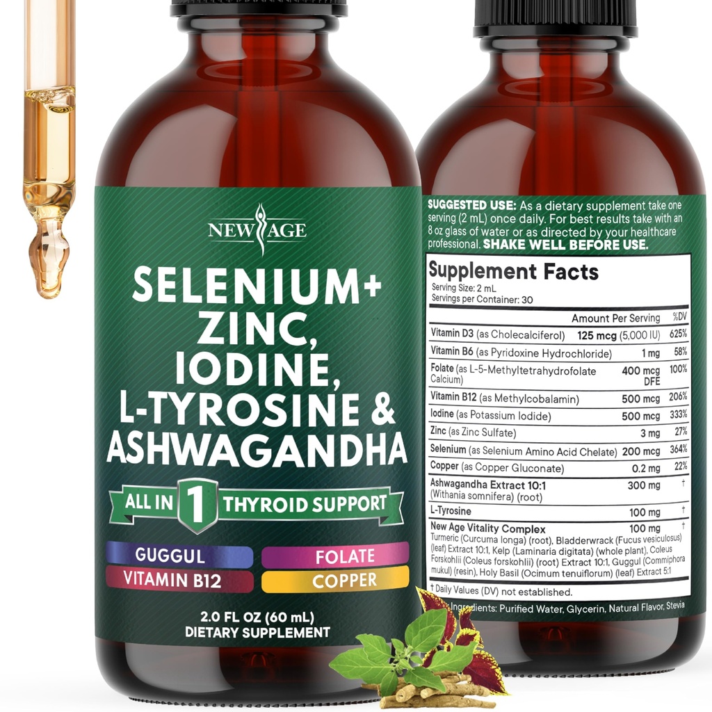 Tiroid Support Drops - Selenium, Zinc, Iodine, L Tyrosine, Ashwagandha, Turmeric, Schisandra Guggu, Cayenne, Basil - Suplemento líquido Folate Copper Alcohol -Free, Vegan, Non-GMO – 2 oz