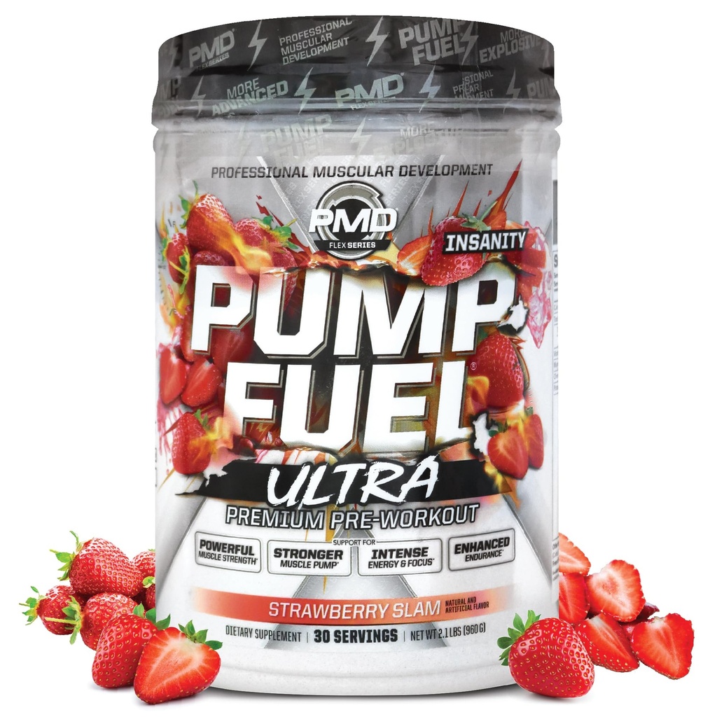 PMD Sports Pump Fuel Ultra Insanity - Premium Pre Workout Powder &amp; Muscle Pump, Greater Focus, Endurance & Recovery, Premium Creatine, Arginine & Beta Alanine - Strawberry Slam (30 Servings)