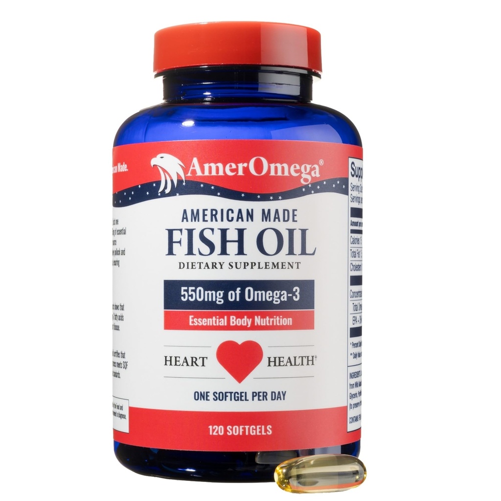 AmerOmega Triglyceride Omega-3 Fish Oil for Heart Health Support - Wild-Caught Alaskan Walleye Pollock - American-Sourced, American-Made - Non-GMO, Gluten-Free &amp; Dairy-Free - 120 Softgels
