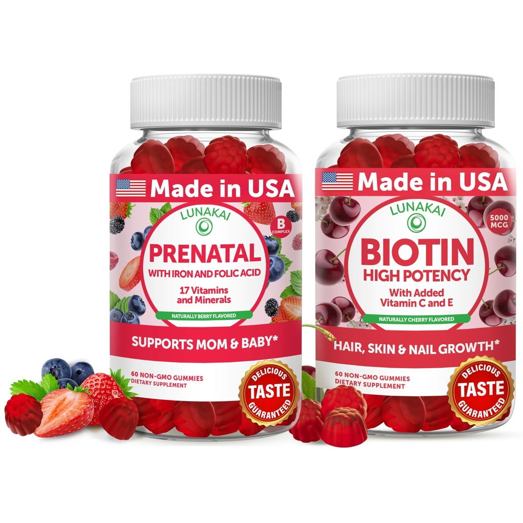 Lunakai Prenatal and Biotin Gummies Bundle - Pregnancy Multivitamin Gummy with Iron ' Folic Acid - Hair Skin and Nails Growth Supplement with Vitamin C and E - 30 Days Supply