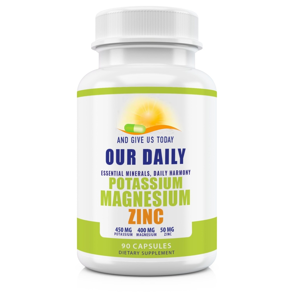 Suplementos de Potasio de Magnesio W Zinc - 90 Capsules 400MG Magnesio,450MG Potasio,50MG Zinc para la salud Vascular – Alta Absorción Vegan para cáscaras y sueño