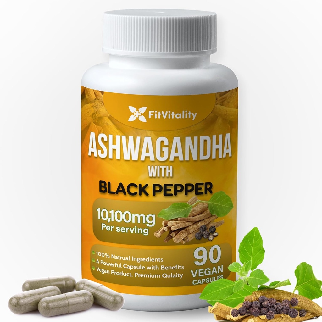Cápsulas de Ashwagandha, 90 Cápsulas Vegan, 10,100 Mg por Cápsula – 100% Natural Aswagandha Extracto de Polvos Extractos y Extracto de Pepper Negro, No GMO, Libre de gluten