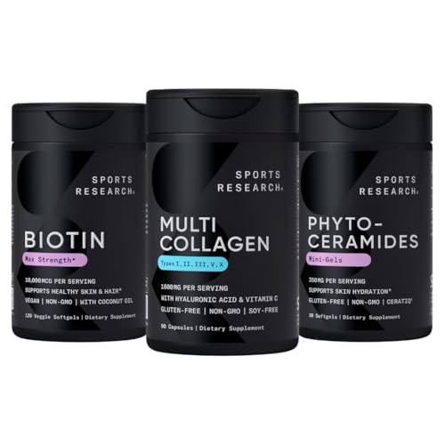 Investigación Deportiva Vegan Biotina 10,000mcg con aceite de coco, Píldoras multi colágeno (Tipo I, II, III, V, X) Péptidos de colágeno hidrolizado con ácido hialurónico + Vitamina C & Phytoceramides 350mg por Softgel