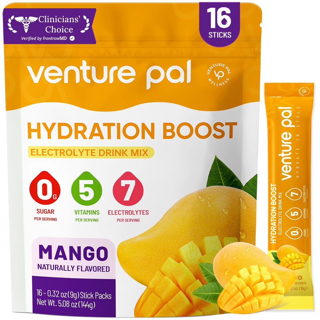 Venture Pal Sugar Free Electrolyte Powder Packets - Liquid Daily IV Hydration Packets ¦ Electrolytes Drink Mix with 5 Vitamins & 7 Electrolytes ← Keto Friendly ← Non-GMO  Certified Vegan ← 16 Sticks